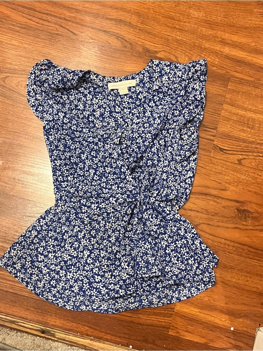 Monteau Navy Blue Floral Wrap Blouse